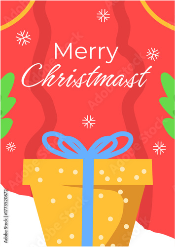 Merry Christmas Gift Card Vector Illustration – Holiday Greeting Card with Present Box, Snowflakes, and Festive Background Design