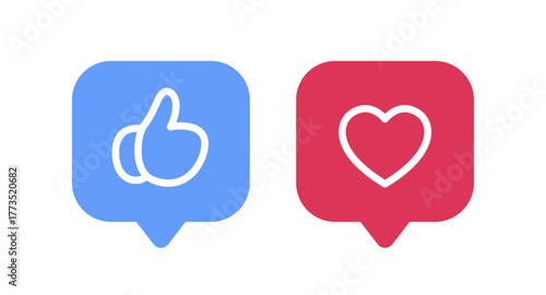 Social Media Reaction Icons Set. Blue Like and Red Heart Notification Symbols.