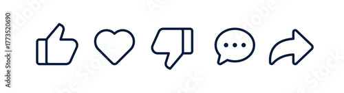 Social Media Interface Icons Set. Like, Notification, Heart, Share, Save, and Comment Symbols.