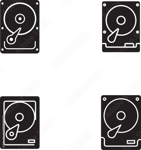 Four stylized black and white icons representing computer hard disk drives