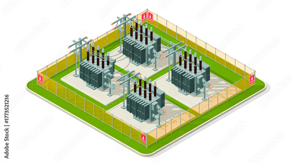Obraz premium An isometric 3D illustration of a power substation on a grassy platform