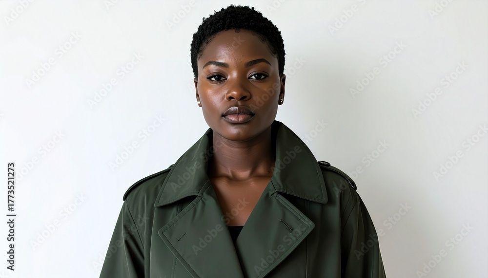 Obraz premium a black woman with short hair wearing a dark green coat on a white background, fashion photography, fall winter collection