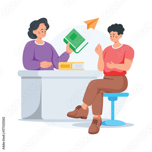 Well designed flat illustration of a teacher teaching a student in a classroom