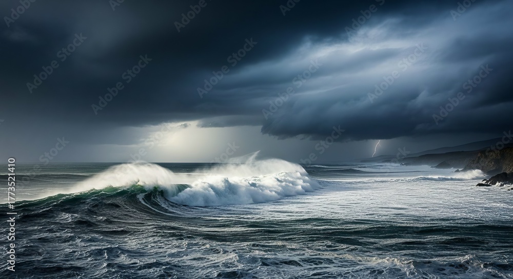 Fototapeta premium Dramatic Ocean Wave Crashing under a Dark, Stormy Sky with Lightning