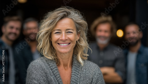 Mature and younger professionals collaborate in the office, with an older leader leading the way, emphasizing teamwork across generations.