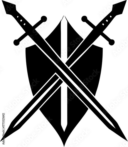 Sword and shield crossed silhouette vector black , white background