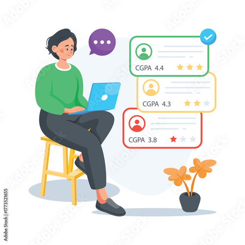 Student checking academic CGPA performance and report online, flat illustration