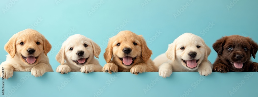 Obraz premium Four happy golden retriever puppies peek over a light blue background, showcasing their playful nature and irresistible charm