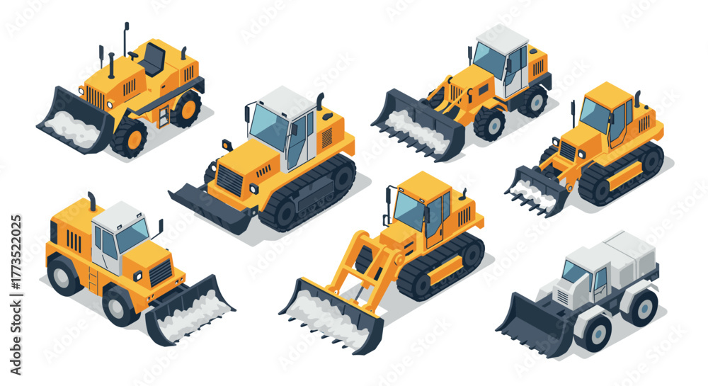 Obraz premium Heavy machinery with snow plows in isometric style for construction and winter maintenance