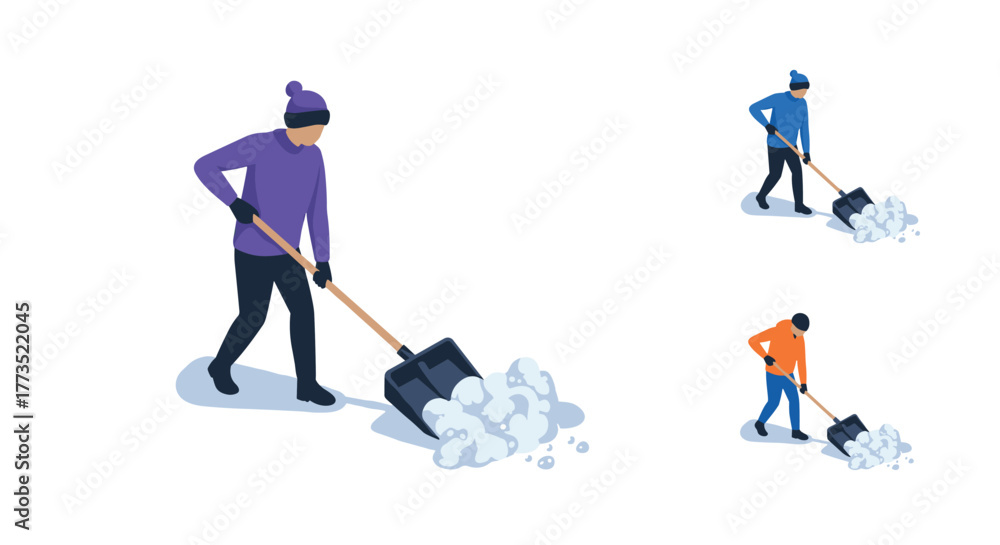 Obraz premium Isometric people shoveling snow in winter attire on white background