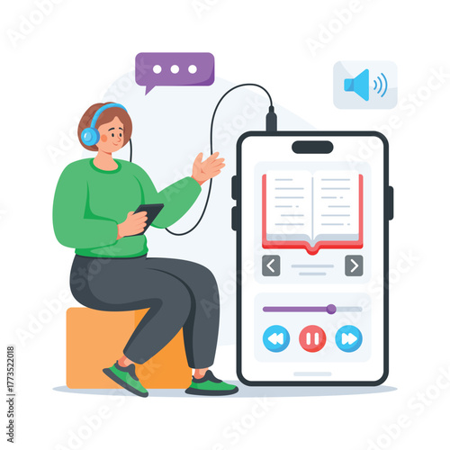 Student learning through educational audio lessons, flat illustration