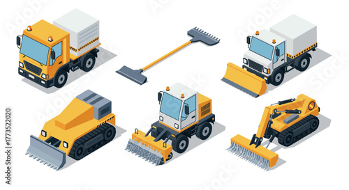 Isometric construction equipment set featuring various heavy machinery