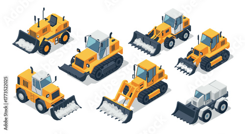 Heavy machinery with snow plows in isometric style for construction and winter maintenance