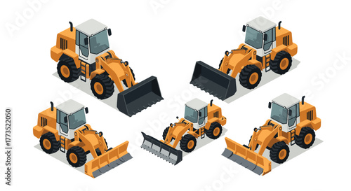 Isometric construction vehicles set with various attachments in yellow and black