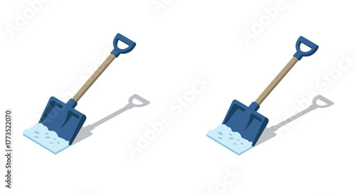 Isometric snow shovel set against white background with shadows