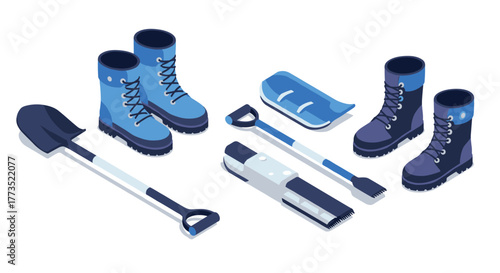 Winter equipment for snow removal in isometric design
