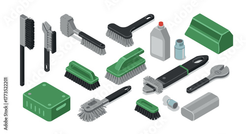 Isometric cleaning tools and supplies set for home and industrial use