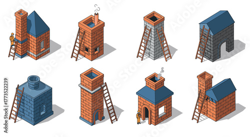 Chimney designs diverse architectural styles with ladders and roofs in detailed 3d