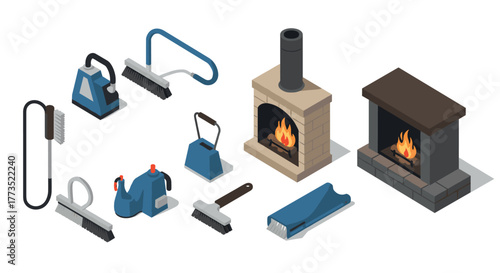Cozy fireplace and cleaning tools set in isometric style