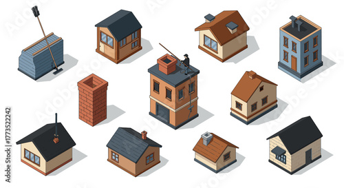 Isometric buildings collection featuring chimneys and rooftops in various styles