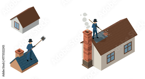 Isometric chimney sweep on rooftop set with tools and small house