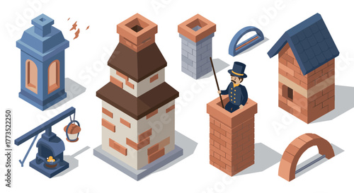 Isometric chimney sweep and architectural elements with brick and rooftop designs
