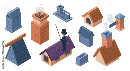 Isometric chimney sweep scene with various chimneys and roofs