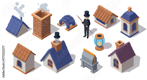 Isometric chimney sweep scene with rooftops and chimneys in flat design