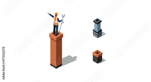 Isometric construction worker on chimney with wrench and chimney top designs