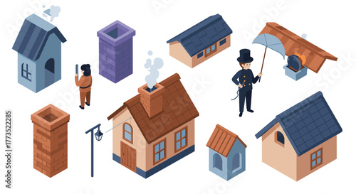 Charming chimney sweep scene with miniature isometric houses