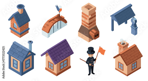 Isometric chimney structures and accessories with chimney sweep character