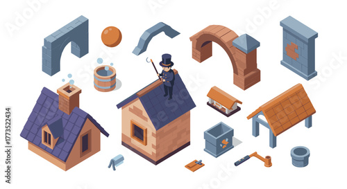 Isometric chimney sweep with houses and construction elements