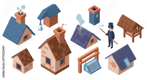 Isometric chimney and rooftop collection with chimney sweep in classic style