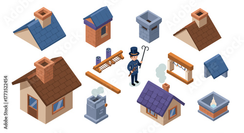 Isometric chimney sweep and roof elements set in flat style
