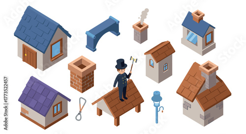 Isometric chimney sweep and cozy houses set with chimneys and tools