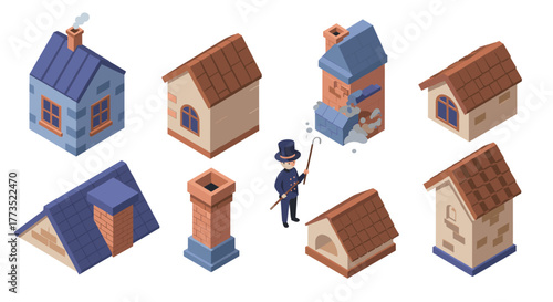 Charming chimney sweep and isometric buildings
