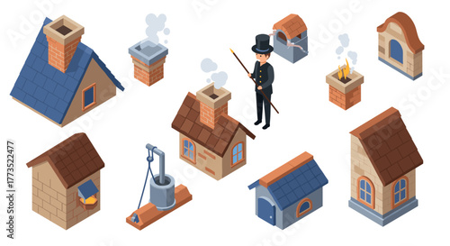 Isometric chimney and rooftop elements with chimney sweep character for home design