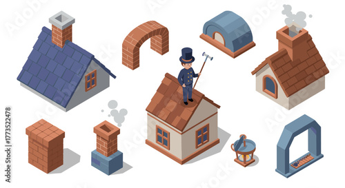 Charming chimney sweeper and isometric house elements with smoke and brick details