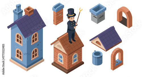 Chimney sweep and architectural elements in isometric style
