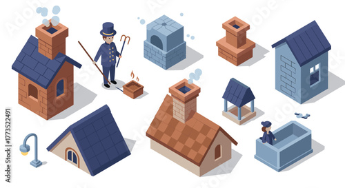 Isometric chimney sweep scene with rooftops and smoke in urban setting