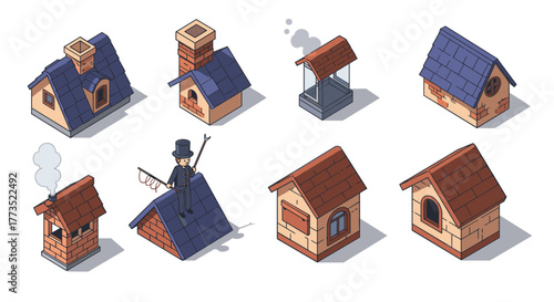 Charming chimney collection in isometric style featuring various roof designs
