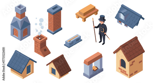 Chimney sweep isometric set houses, chimneys, and tools collection with character