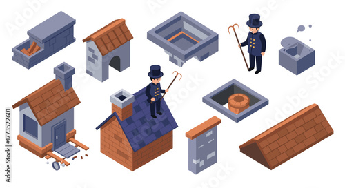 Chimney sweep isometric set with tools, buildings, characters, and roof structures