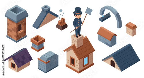 Charming chimney sweep set in isometric design with roof elements