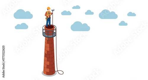 Worker repairing lighthouse on cloudy day
