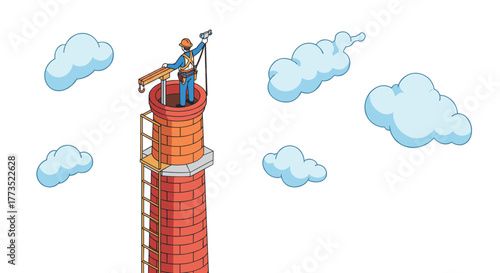 Worker on chimney performing construction maintenance with safety harness in blue skies