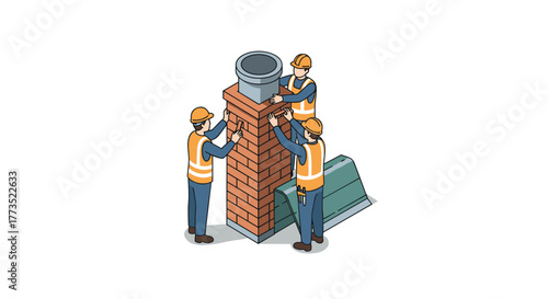 Isometric construction workers building brick chimney on rooftop in safety gear