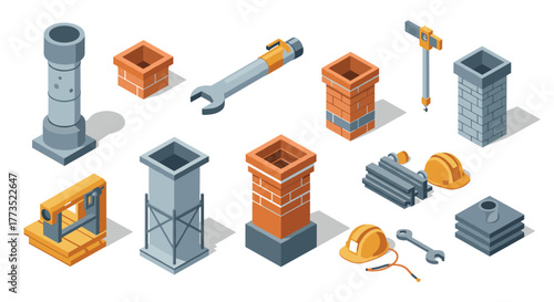 Industrial construction tools and building materials in isometric design