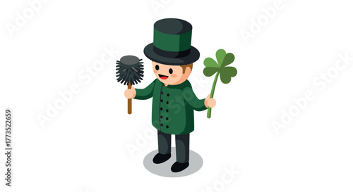 Charming leprechaun with lucky clover and chimney sweeper in isometric style