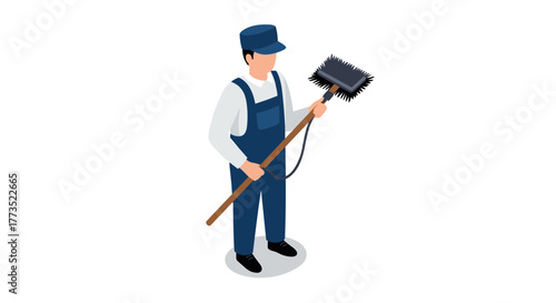 Chimney sweep worker in uniform holding cleaning brush isometric style